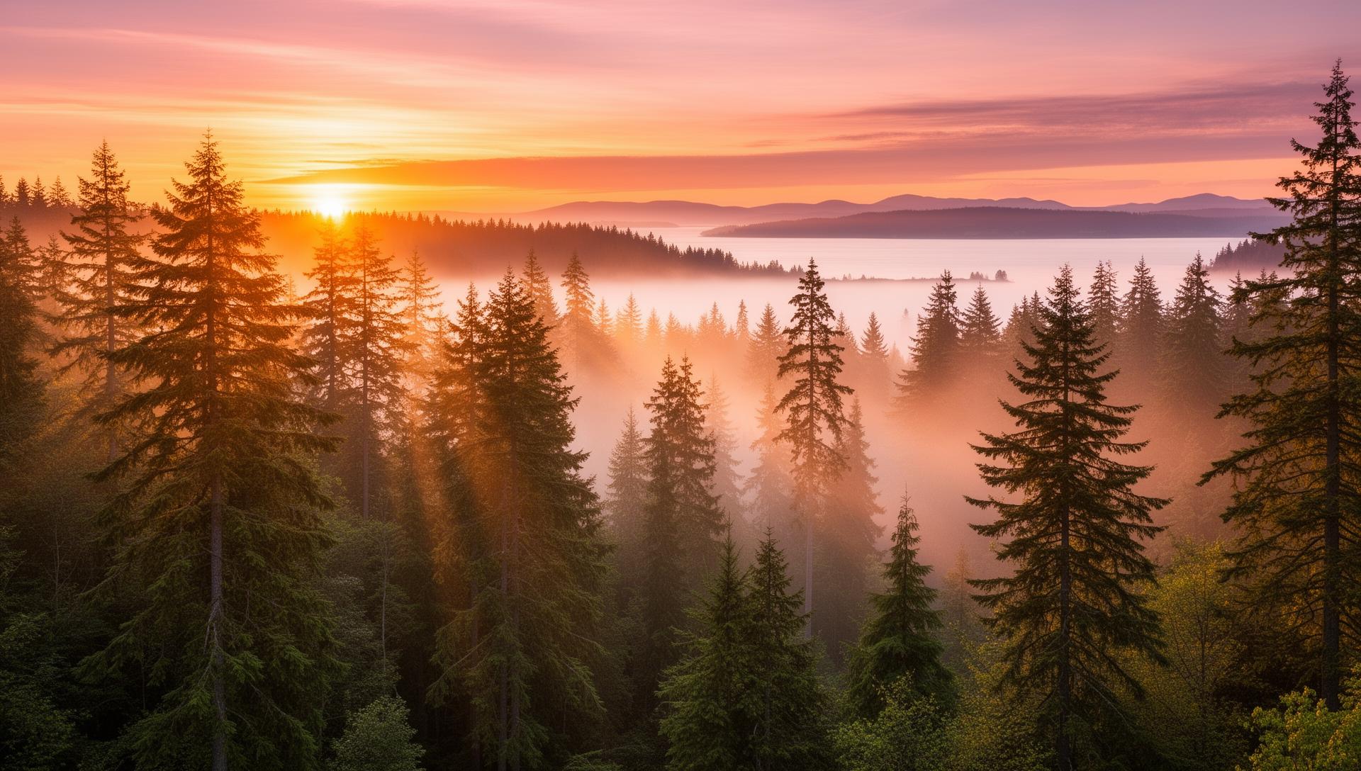 Sunrise over Pacific Northwest forest
